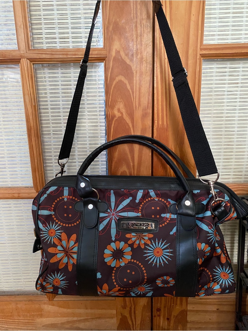 Patterned Travel Duffel Bag in Brown, Orange & Blue